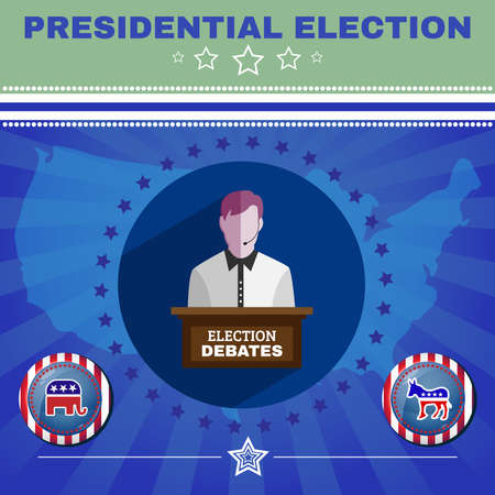 Election Debates Campaign Ad Banner. Social Promotion Banner. Elephant versus Donkey. American Flag's Symbolic Elements - Stripes and Stars. Digital vector illustrationのイラスト素材