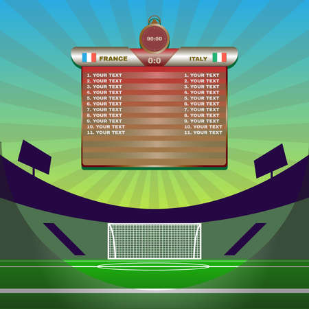 Football Soccer Match Statistics. Scoreboard with players and match score and other data. Football stadium playfield backdrop. France versus Italy Team. Digital background vector illustration.のイラスト素材