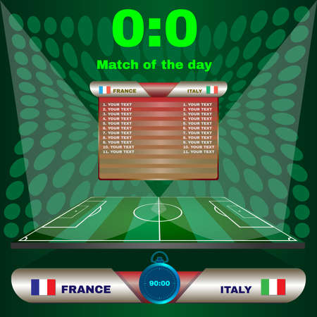 Football Soccer Match Statistics. Scoreboard with players and match score and other data. Football stadium playfield backdrop. France versus Italy Team. Digital background vector illustration.のイラスト素材