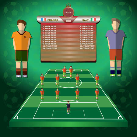 Football Soccer Match Statistics. Scoreboard with players and Match Score and Game Icons.. Football 3D Game Field. France versus Italy Team. Digital background vector illustration.のイラスト素材