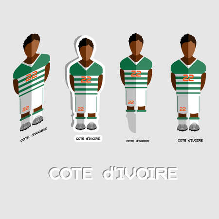 Cote d'Ivoire Soccer Team Sportswear Template. Front View of Outdoor Activity Sportswear for Men and Boys. Digital background vector illustration. Stylish design for t-shirts, shorts and boots.のイラスト素材