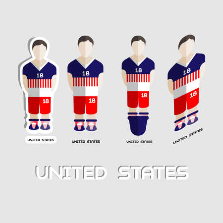 United States Soccer Team Sportswear Template. Front View of Outdoor Activity Sportswear for Men and Boys. Digital background vector illustration. Stylish design for t-shirts, shorts and boots.のイラスト素材