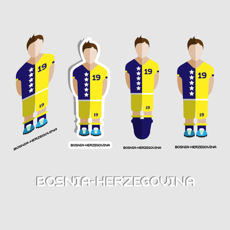 Bosnia-Herzegovina Soccer Team Sportswear Template. Front View of Outdoor Activity Sportswear for Men and Boys. Digital background vector illustration. Stylish design for t-shirts, shorts and boots.のイラスト素材