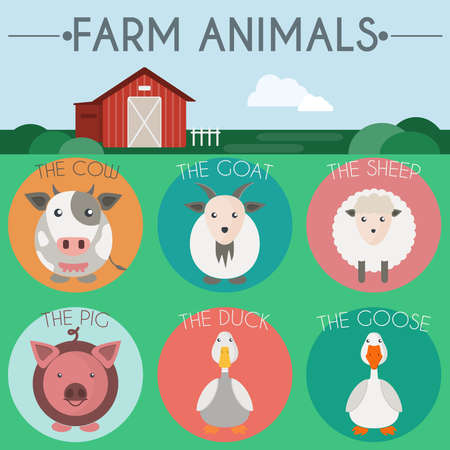 Farm Animals Icon Set. Countryside landscape view. Barn in the field. Colorful round icons. Flat cartoon style digital vector illustration.のイラスト素材
