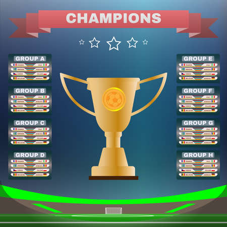 Soccer Champions Scoreboard Template on Dark Backdrop. Sports Tournament Chart for Groups and Teams. Soccer Playfield Digital Vector Illustration.のイラスト素材