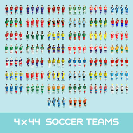 Football club Soccer Players silhouettes. Computer game Soccer team players big set. Sports infographic. Forty-four Football Teams in Perspective. Digital background vector illustration.のイラスト素材
