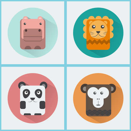 Baby Animals Round Icons Set. Hippo, Lion, Panda and Chimp Characters. Colorful vector illustrations.のイラスト素材