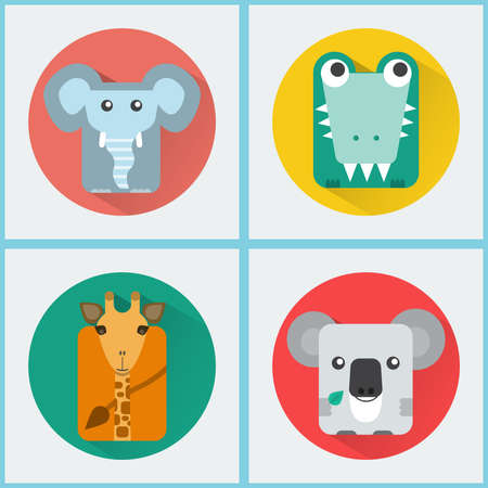 Baby Animals Round Icons Set. Elephant, Crocodile, Giraffe and Koala Characters. Colorful vector illustrations.のイラスト素材