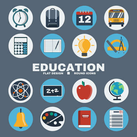 School Education Round Icons Set. Different objects used in daily life education. Alarm Clock, Backpack, Calendar, Atoms and Electrons, Chalkboard, Apple and School Bus. Vector digital illustrations.のイラスト素材