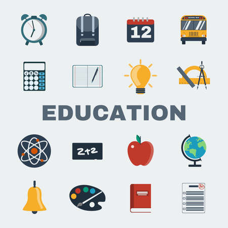School Education Round Icons Set. Different objects used in daily life education. Manual, Palette, Bell, Calculator, Notebook, Compass, Rulers, Atoms, Chalkboard, Earth Globe. Vector illustrations.のイラスト素材