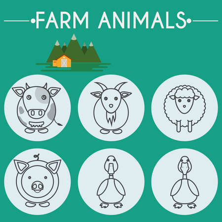 Farm Animals and Birds Round Icons Set. Cow, Goat, Sheep, Pig, Duck and Goose. Country barn in mountains valleys. Line Art Vector illustration.のイラスト素材
