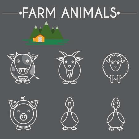 Farm Animals and Birds Round Icons Set. Cow, Goat, Sheep, Pig, Duck and Goose. Country barn in mountains valleys. Line Art Vector illustration.のイラスト素材