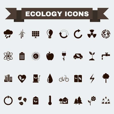 Ecology Icons Set, Nature Symbols. Green energy. Forms and types of renewable energy source. Vector digital illustration.のイラスト素材