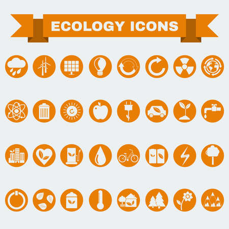 Ecology Icons Set, Nature Symbols. Green energy. Forms and types of renewable energy source. Vector digital illustration.のイラスト素材