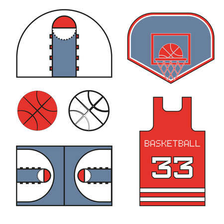Basketball items. Ball used for playing a basketball game. Sports symbols. Basketball T-shirt Design. Number Thirty-Three. Red Sports Objects. Digital Vector Illustration.のイラスト素材