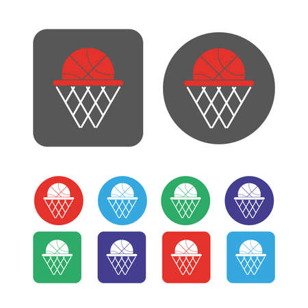 Ball in a basket. Basketball symbol icon. Vector flat illustration. Simple elements logo design. Sports objects used for playing a basketball game.のイラスト素材