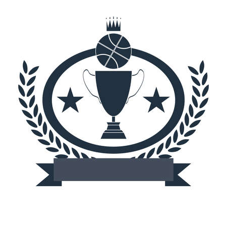 Basketball Golden Cup. Crown Trophy Prize. Winner Sports Badge Illustration. Laurel Wreath. Golden Goblet with Stars. Digital Vector Image.のイラスト素材