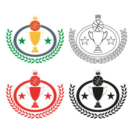 Basketball Golden Cup. Crown Trophy Prize. Winner Sports Badge Illustration. Laurel Wreath. Golden Goblet with Stars. Digital Vector Image.のイラスト素材