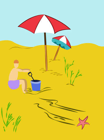 Summer Holiday Scenery. Child Playing with Bucket and Spade under Beach Umbrella on Sand Seaside. Travel Digital background vector illustration.のイラスト素材