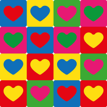 Colorful hearts symbols on the colorful rectangular backdrops. Happy Valentine's Day Greeting Card. Digital background vector illustration.のイラスト素材