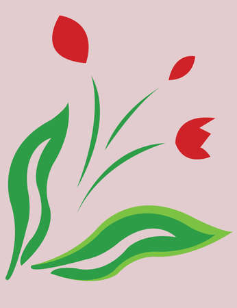 Tulip Flowers Silhouettes. Tulip Buds with Leaves. Mother's Day Simple Greeting Card. Flat Flowers on Pastel Pink Backdrop. Digital background vector illustration.のイラスト素材