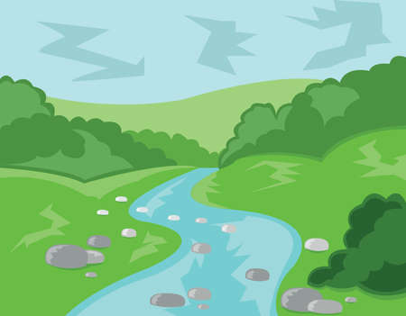 Hills Valley and Streams. Landscape view. Forest with Meadow, Trees, Bushes and River. Fast Stream with Rocks. Kids Book vector illustration. Digital background.のイラスト素材