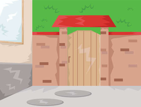 House with Brick Fence and Wooden Door with Red Roof and Canopy. Countryside House View. Kids Book vector illustration. Digital background.のイラスト素材