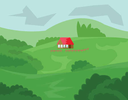 Forest House Surrounded by Red Fence in the Woods. Countryside view. Meadow with Trees and Bushes. Digital background vector illustration.のイラスト素材