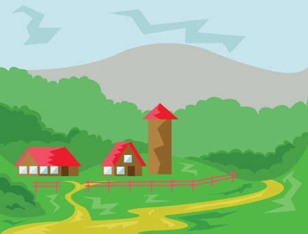 Two Houses and Tower with Red Roof surrounded by Fence. Countryside View. Cloudy Sky and Green Hills Landscape. Digital background vector illustration.のイラスト素材