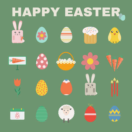 Happy Easter Colorful icon set. Easter Bunny, Easter Basket with Flowers and Eggs. Digital background vector illustration.のイラスト素材