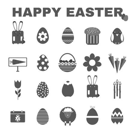 Happy Easter Black and White icon set. Easter Bunny, Easter Basket with Flowers and Eggs. Digital background vector illustration.のイラスト素材