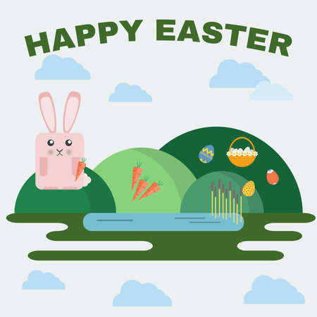 Happy Easter Greeting Card. Easter Bunny, Easter Basket with Flowers and Eggs. Landscape, Green Hills and Lake with Reeds. Digital background vector illustration.のイラスト素材