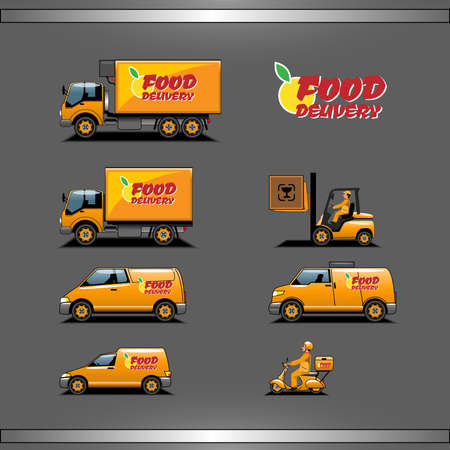 Food Delivery Vehicles Types. Electric Scooter, Forklift, Vans and Trucks vector icons set. Digital background flat illustration.のイラスト素材