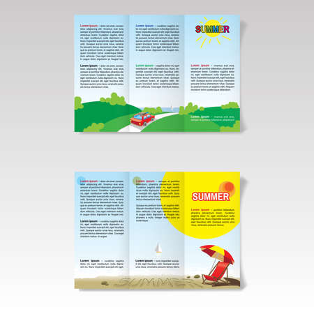Travel Agency Booklet. Summer Travel Tour Brochure. Red Car on Road to Sea. Beach Umbrella and Chair on the Beach. Blank Space for Your Text. Digital background vector illustration.のイラスト素材
