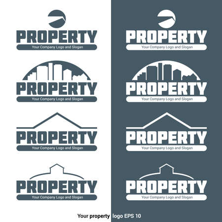 Property Agency Logotype Template. Real Estate Company Logo with Crane, Buildings and House Silhouette. Business Card Vector Design. Blank Space for Your Company Sloganのイラスト素材