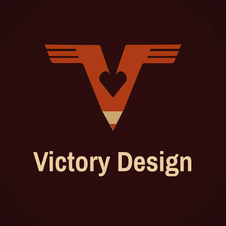 Victory  Symbol. Heart shaped sign. Pencil with Wings V-shaped Emblem. Branding Design. Digital Vector Illustration.のイラスト素材