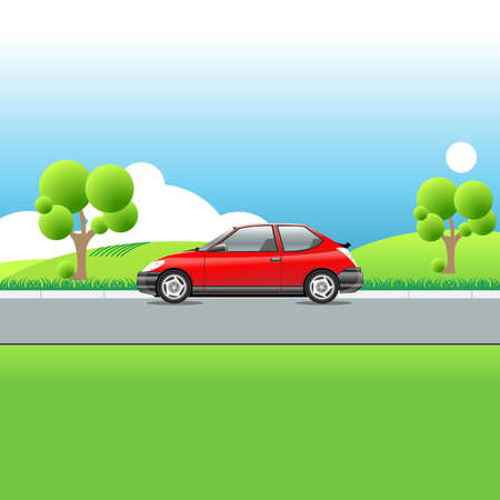 Red car on a country road. Green meadows hills and trees. Blue sky with clouds. Sunny day landscape view. Digital vector illustration.のイラスト素材