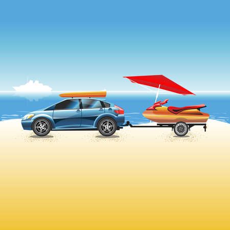 Blue crossover on a beach with a water scooter. White big liner ship on a horizon. Summer Sunny Seascape. Digital vector illustration.のイラスト素材