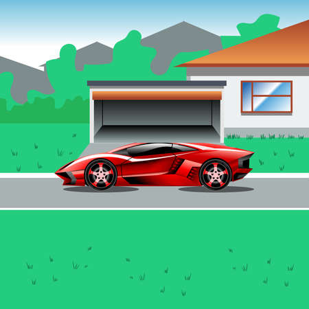 Red luxury sport car parked beside a house with a garage. Suburban house landscape view. Advertising campaign illustration for a sport car. Beautiful life flyer. Digital vector illustration.のイラスト素材
