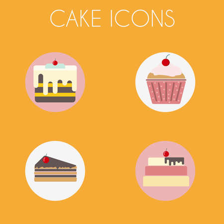 Cake Icons Set. Three Cakes and a Cupcake. Sweet bakery with glazing on top. Digital vector illustration.のイラスト素材