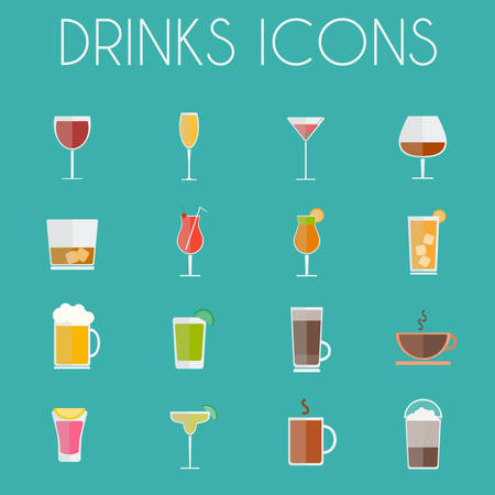 Drinks Cocktail Glasses Round icon Set. Alcoholic and Non Alcoholic Drinks Bar Menu Icons. Wine, Champagne, Whiskey, Tea and Coffee. Digital background colorful vector illustration.のイラスト素材