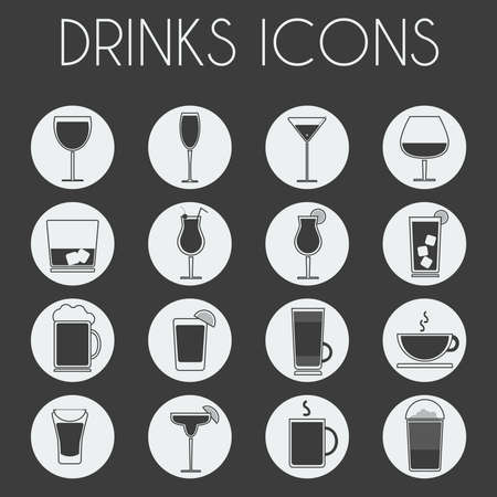 Drinks Cocktail Glasses Round icon Set. Alcoholic and Non Alcoholic Drinks Bar Menu Icons. Wine, Champagne, Whiskey, Tea and Coffee. Digital background black and white vector illustration.のイラスト素材
