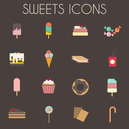 Sweets Icons Set. Sixteen tasty icons on dark backdrop. Ice creams on wooden sticks, Slices of Cakes with Cherry on top. Donuts, cupcakes, lollipop and candy cane. Digital vector illustration.のイラスト素材