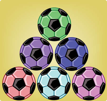 Six soccer balls one on another forming a triangular shape. Colorful sports objects on yellow background. Sports banner or flyer card. Digital vector illustration.のイラスト素材