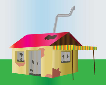 Ruined one floor house. Damaged building illustration. Old home with chimney, red broken roof and no windows. Digital vector background image.のイラスト素材