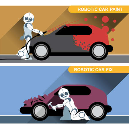 Silver humanoid robots fixing and painting cars with tools at an auto service. Digital background vector illustration.のイラスト素材