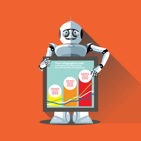 Silver humanoid robot presenting info graphic on a display. Digital background vector illustration.のイラスト素材