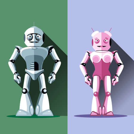 Two silver and pink humanoid robots, male and female. Digital background vector illustration