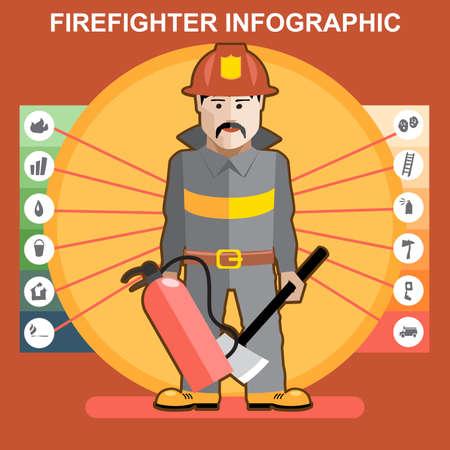 Fire fighter in fire suit man presenting an infographicsのイラスト素材