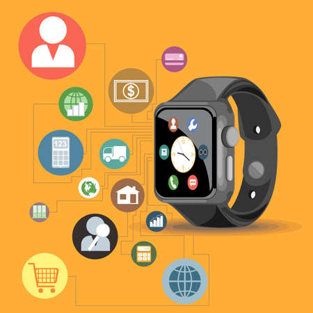 A black smart watch with time, calls, mail, contacts, battery and weather info icons on the display panel on an orange background, digital vector imageのイラスト素材